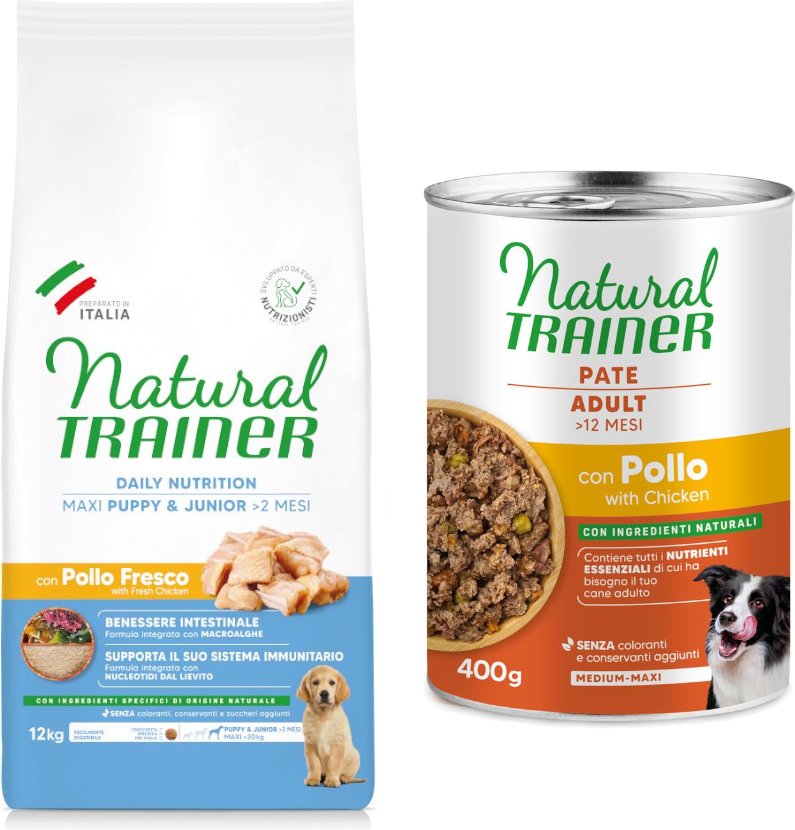 12 kg Natural Trainer + 2 x 400 g passendes Nassfutter gratis! - Puppy & Junior Maxi mit Huhn + Pate Medium & Maxi Adul...
