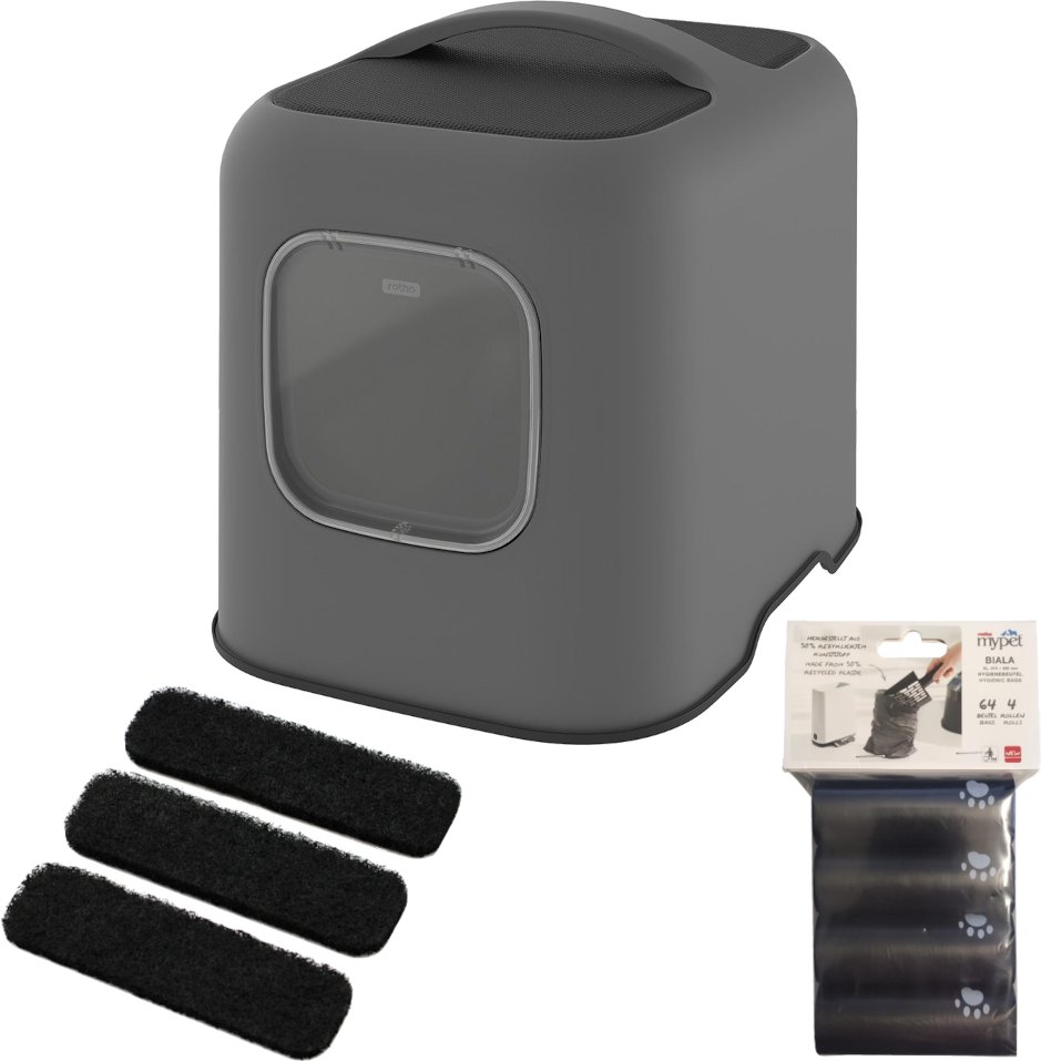 Rotho MyPet Katzentoilette BIALA - Sparset: Katzentoilette anthrazit + 3 x Aktivkohlefilter + 4 x Hygienebeutel