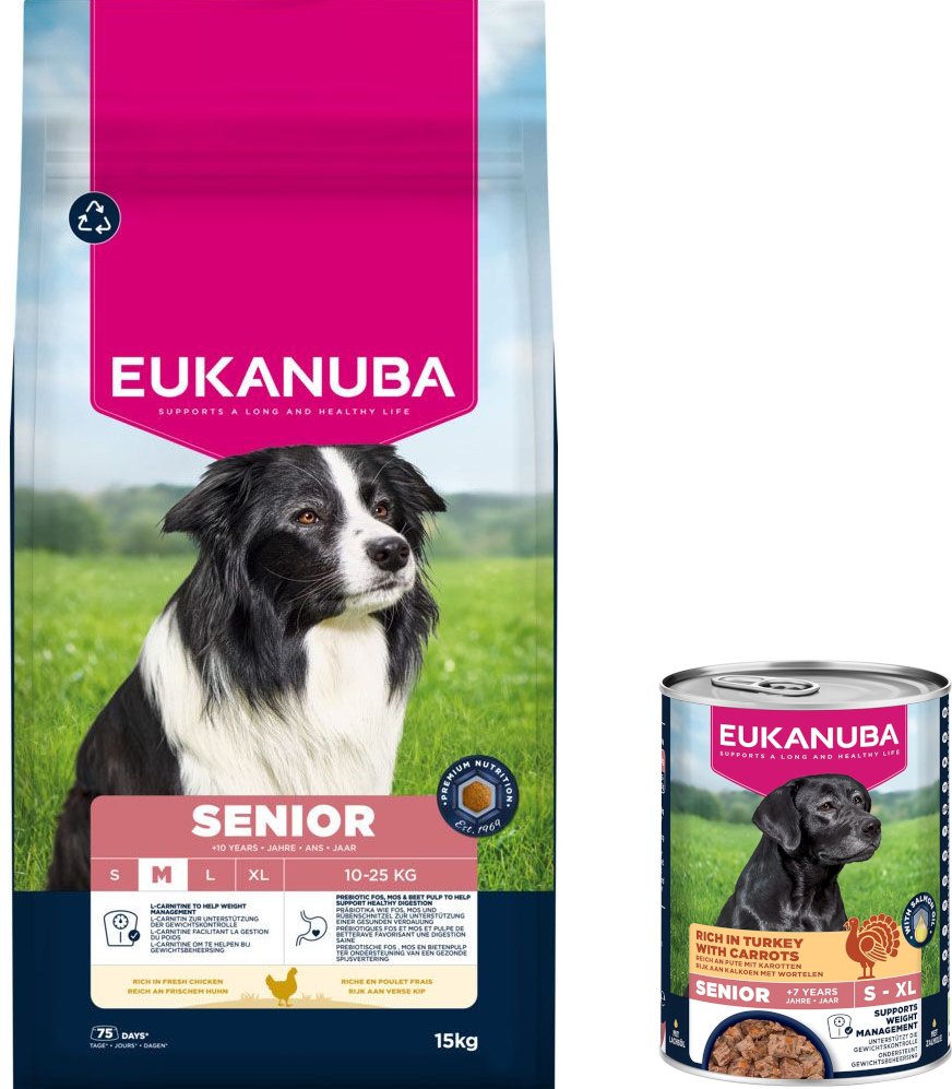 15 kg Eukanuba Premium Nutrition + 3 x 400 g passendes Nassfutter gratis! - 15 kg Senior Medium Breed Huhn + 3 x 400 g S...