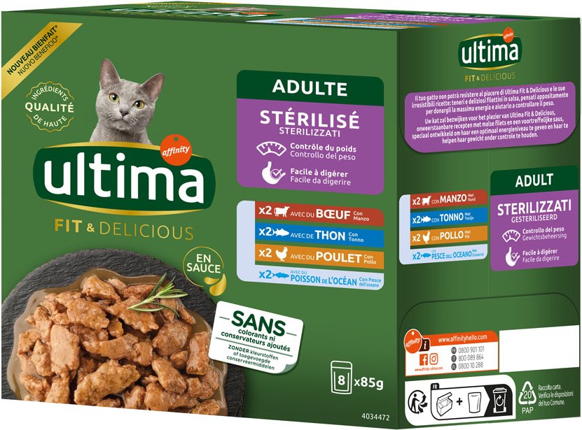 Ultima Sterilized Katze 8 x 85 g - Mix II (Huhn, Rind, Thunfisch, Seefisch)