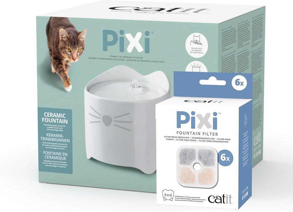 Catit Pixi Keramiktrinkbrunnen, weiß - Sparset: Trinkbrunnen 1,7 l & 6 Ersatzfilter