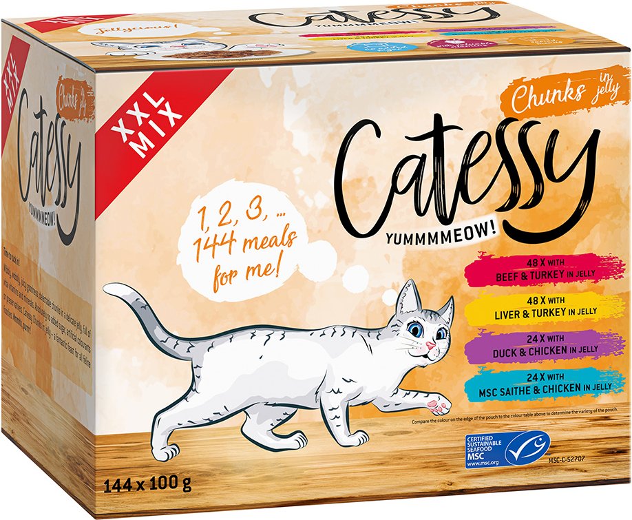 Thumbnail - XXL Sparpaket Catessy Häppchen in Sauce oder Gelee 144 x 100 g - XXL Mix mit 4 Sorten in Gelee
