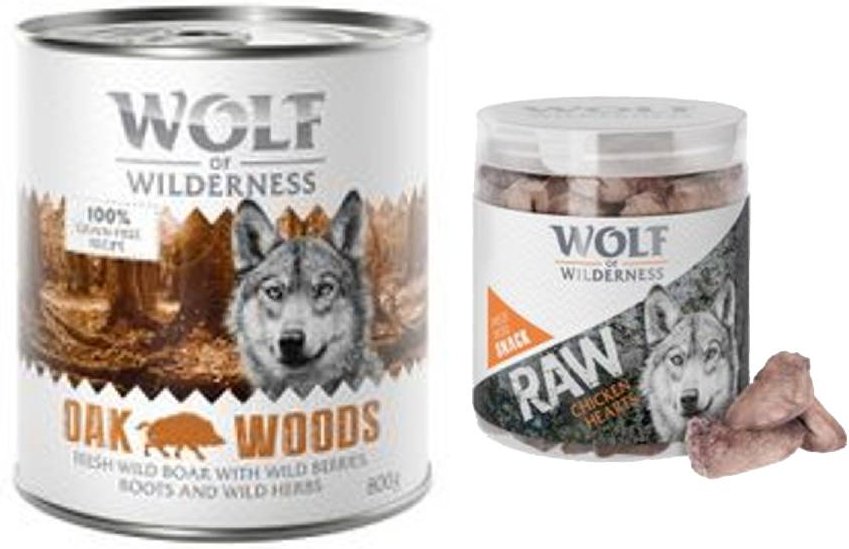 Wolf of Wilderness Kombi-Paket: 24 x 800 g Nassfutter + 4 x 70 g RAW Snacks - Oak Woods - Wildschwein + Hühnerherzen