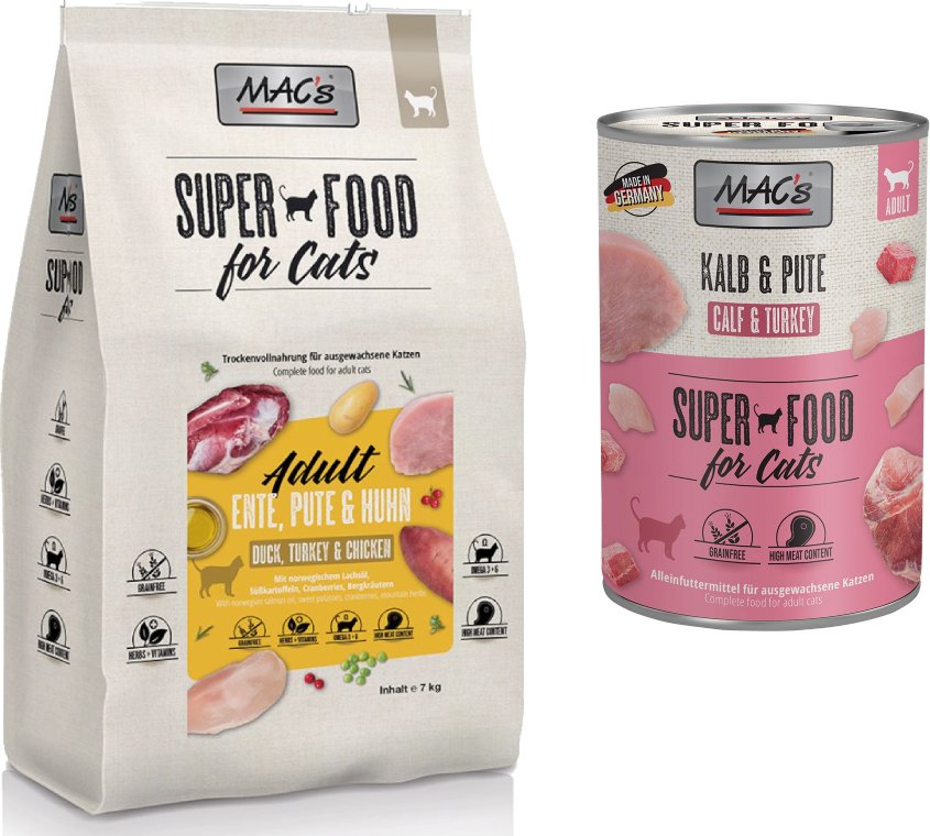 Thumbnail - MAC´s Kombi-Paket: 12 x 400 g Nassfutter + 2 x 1,5 kg Superfood Trockenfutter - 12 x 400 g Kalb & Pute + 2 x 1,5 kg Ad...