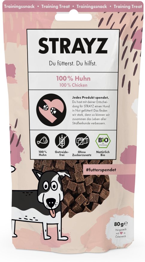 STRAYZ BIO Trainingssnack - Sparpaket: 4 x 80 g (Bio-Huhn)