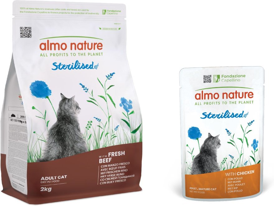 2 kg Almo Nature Functional Sterilised + 6 x 70 g Nassfutter mit Huhn zum Sonderpreis! - Rind & Reis
