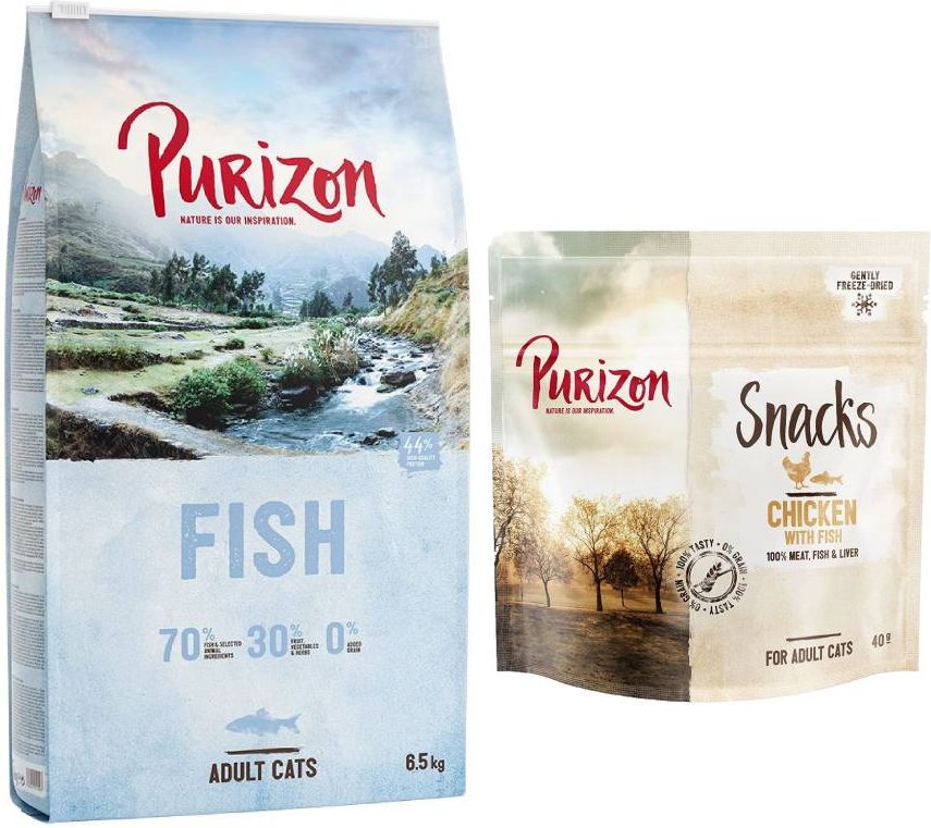 Purizon getreidefrei Kombi-Paket: 6,5 kg Trockenfutter + 3 x 40 g Snack - Original Fisch + Huhn mit Fisch