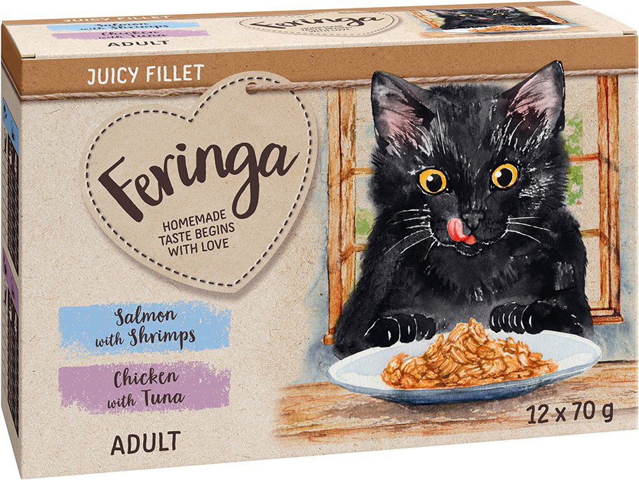 Feringa Juicy Fillet 12 x 70 g - Mixpaket Lachs mit Shrimps und Huhn mit Thunfisch