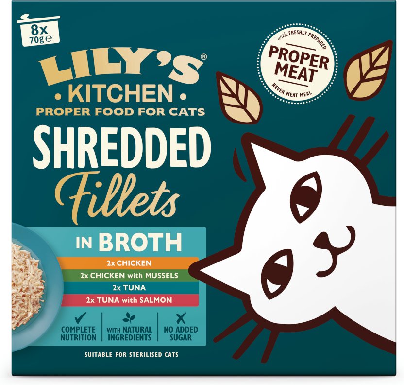 Lily's Kitchen Shredded Fillets für Katzen 8 x 70 g - Mixpaket in Brühe (4 Sorten)