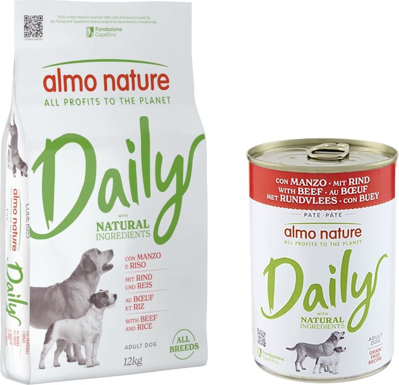 Almo Nature Daily Trockenfutter + 6 x 400 g Ausgewähltes Nassfutter zum Sonderpreis! - 12 kg All Breeds Rind & Reis + 6 ...