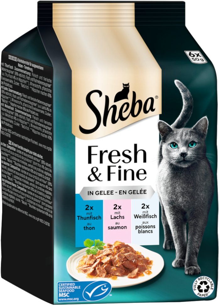Megapack Sheba Fresh & Fine Frischebeutel 12 x 50 g - Thunfisch, Lachs & Weißfisch in Gelee