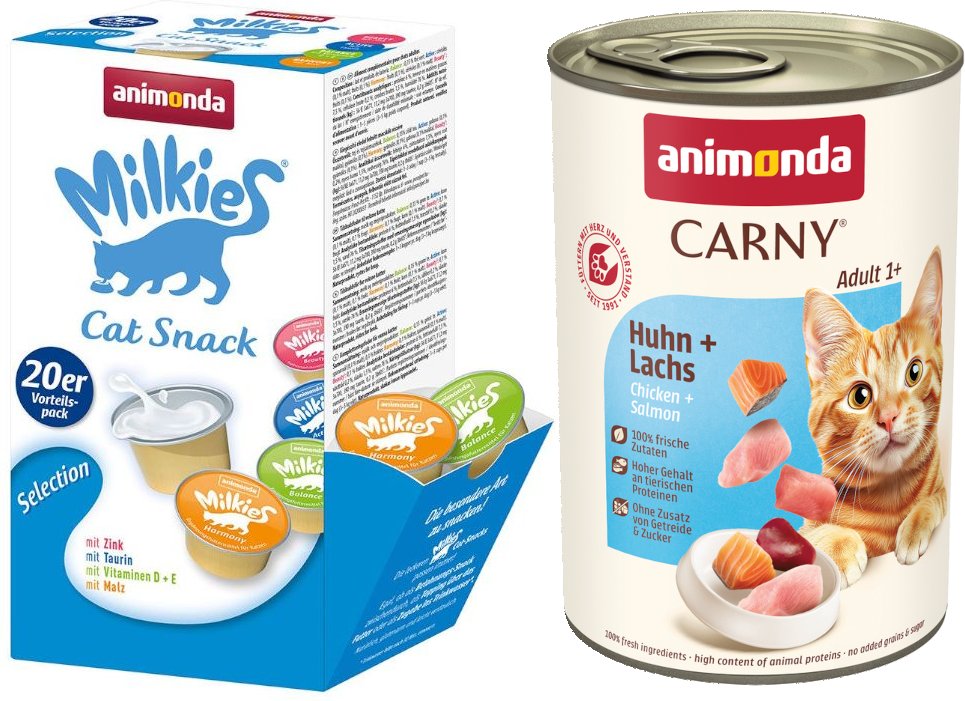 animonda Kombi-Paket: 12 x 400 g Carny Adult + 20 x 15 g Milkies Selection - Huhn & Lachs + Milkies Snack (4 Sorten)