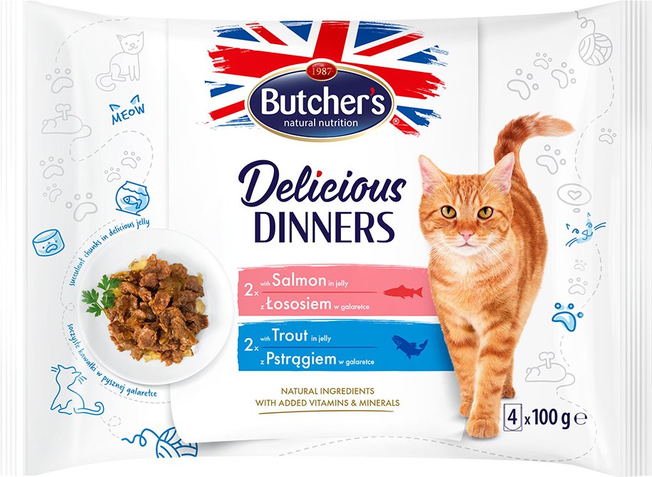 Megapack Butcher's Delicious Dinners Katze 64 x 100 g - Mix: Lachs, Forelle