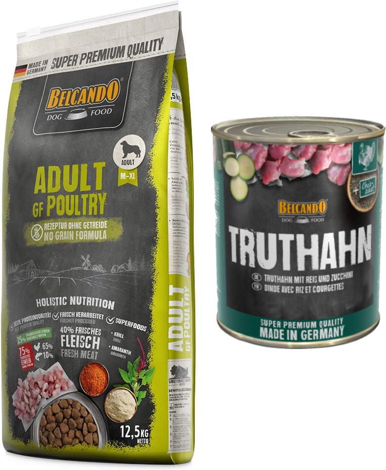 Belcando Adult Kombi-Paket: 12, 5 kg Trockenfutter Getreidefrei + 12 x 800 g Super Premium - 12,5 kg Geflügel + 12 x 80...