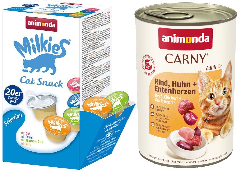 animonda Kombi-Paket: 12 x 400 g Carny Adult + 20 x 15 g Milkies Selection - Rind, Huhn & Entenherzen + Milkies Snack (4...