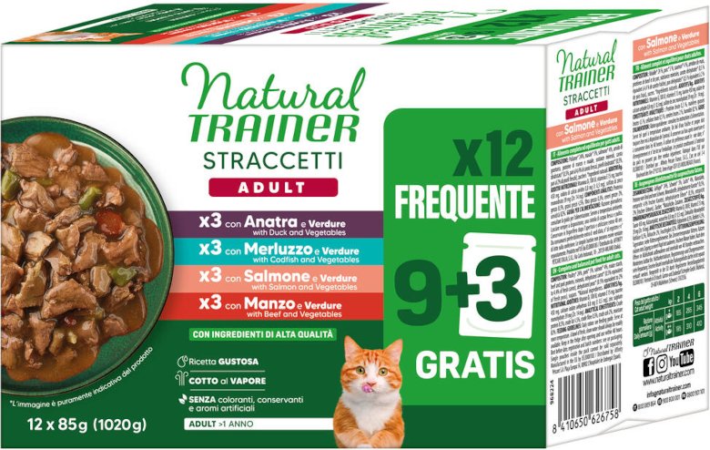 Natural Trainer Streifen in Soße 12 x 85 g - Mixpaket (Ente, Kabeljau, Lachs, Rind)