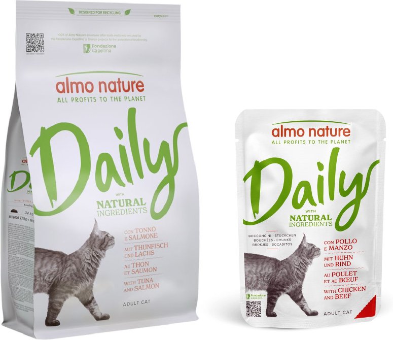 Almo Nature Daily Trockenfutter + Ausgewähltes Nassfutter zum Sonderpreis! - 1,2 kg Maintenance Thunfisch & Lachs + 6 x ...