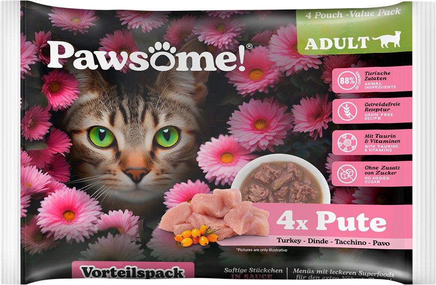 Pawsome Adult Cat 4 x 85 g - Pute