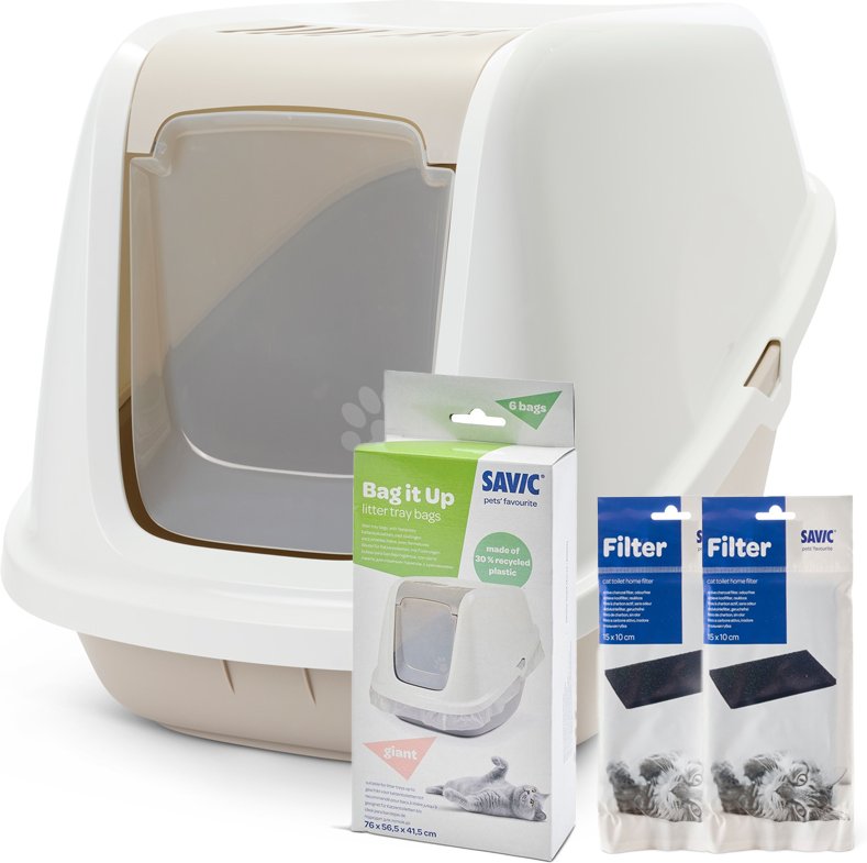 Savic Katzentoilette Nestor Giant - Starterset: Toilette weiß / mocca + 2 Ersatzfilter + 6 Bag It Up