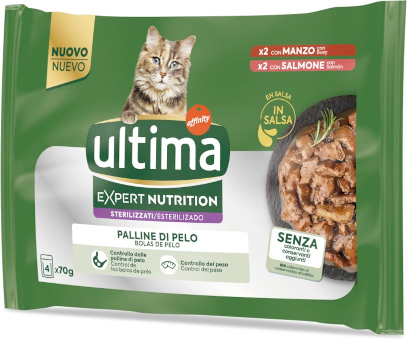 Ultima Cat Expert Nutrition Hairball Rind & Lachs - Sparpaket: 44 x 70 g