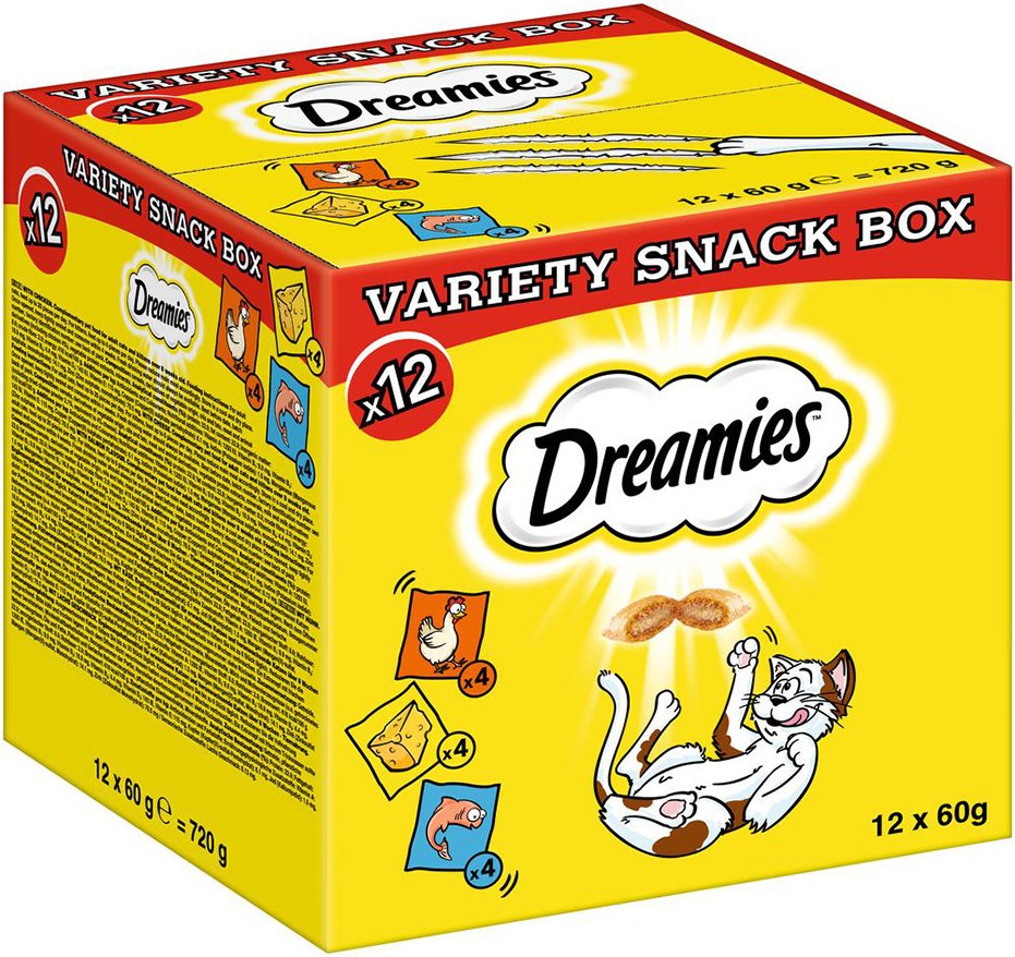 Dreamies Katzensnacks Variety Box - 12 x 60 g Mixbox (Huhn, Käse, Lachs)