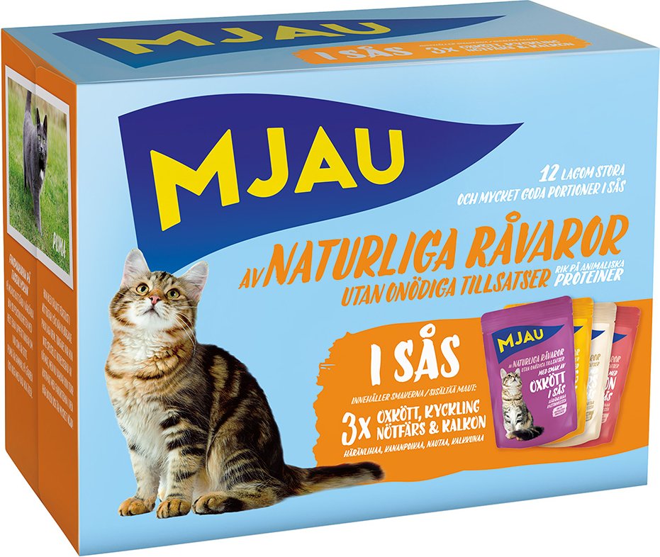 Mjau Cat Pouch 12 x 85 g - Mixpaket Fleisch Menü in Soße (4 Sorten)