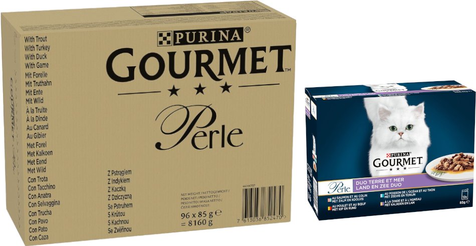 96 x 85 g Jumbopack Gourmet Perle + 24 x 85 g Gemischte Auswahl gratis! - Forelle, Truthahn, Ente, Wild in Gelee