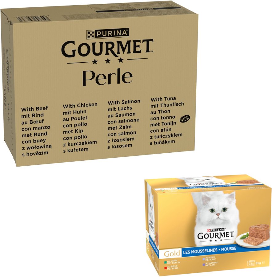 96 x 85 g Jumbopack Gourmet + 24 x 85 g passendes Nassfutter gratis! - 96 x 85 g Perle: Rind, Huhn, Lachs, Thunfisch in ...