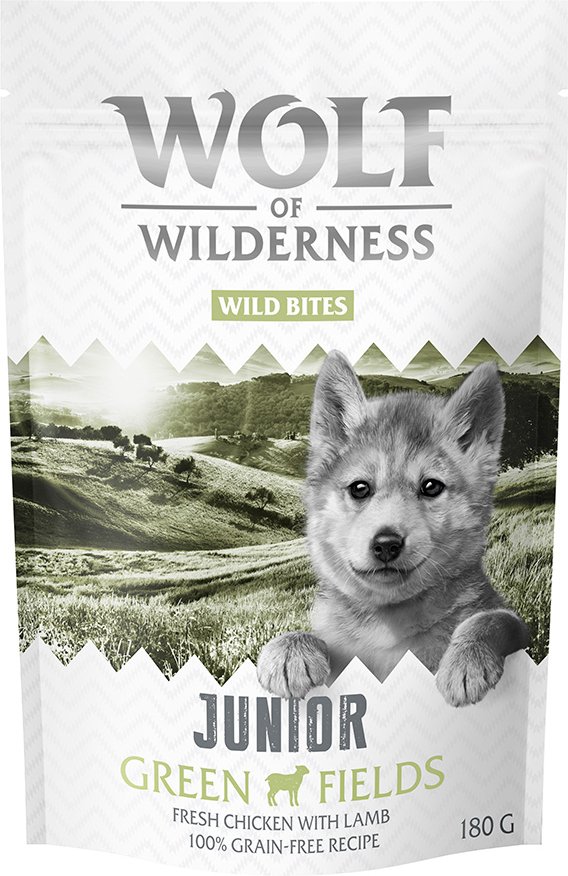 Sparpaket 3 x 180 g: Wolf of Wilderness Snack - Wild Bites - JUNIOR Green Fields - Lamm & Huhn (kleine Würfel)