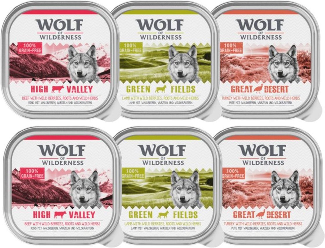 Wolf of Wilderness Adult - Mixpaket - Schale 6 x 300 g: Rind, Pute, Lamm