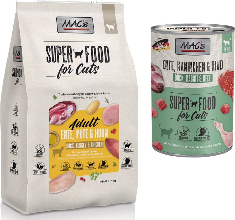 Thumbnail - MAC´s Kombi-Paket: 12 x 400 g Nassfutter + 2 x 1,5 kg Superfood Trockenfutter - 12 x 400 g Ente, Kaninchen, Rind + 2 x...