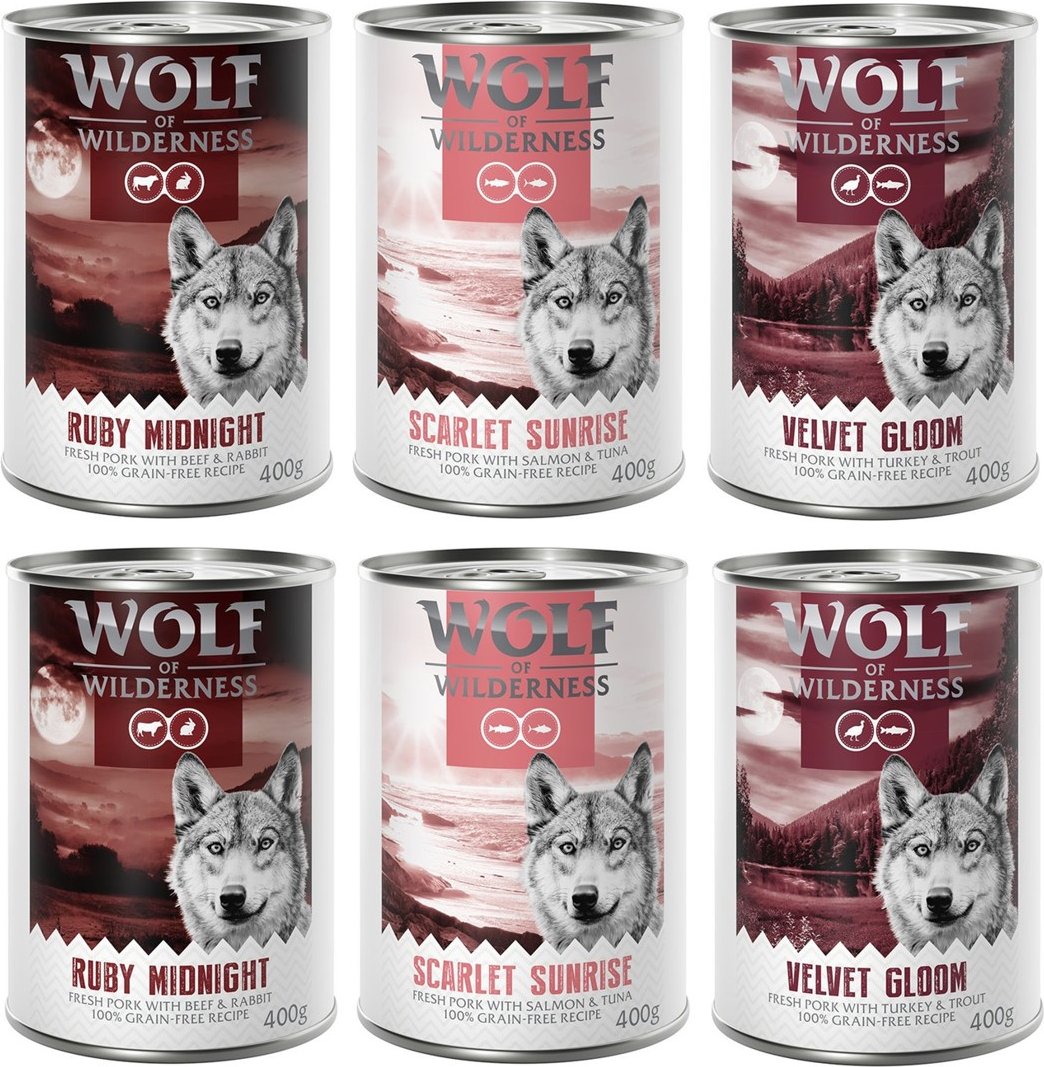 Wolf of Wilderness Adult - Mixpaket - 6 x 400 g: 2x Ruby Midnight, 2x Scarlet Sunrise. 2x Velvet Gloom