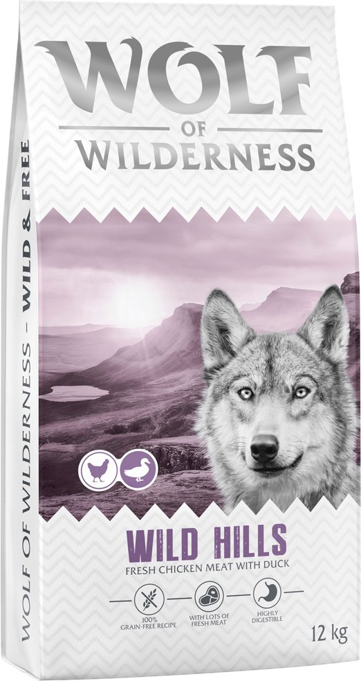 Wolf of Wilderness Adult "Wild Hills" Ente - getreidefrei - Sparpaket: 2 x 12 kg neue Rezeptur
