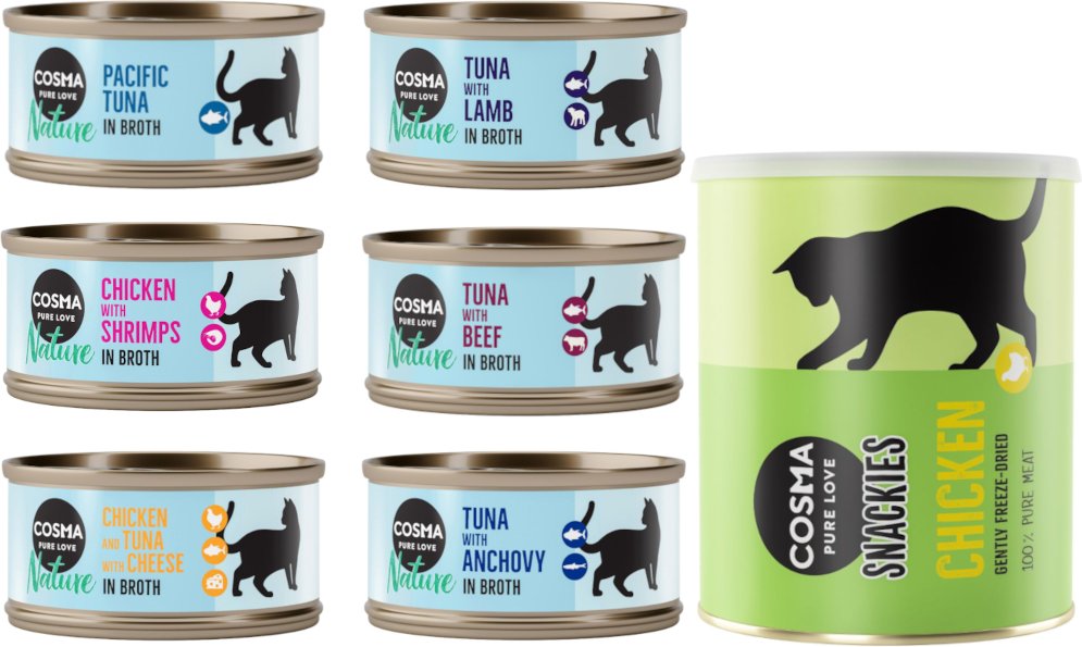 Kombi-Paket: Cosma Nature 24 x 70 g + 2 x Snackies Maxi Tube - 24 x Mix 2 (6 Sorten) + 2 x 160 g Snackies Hühnchen
