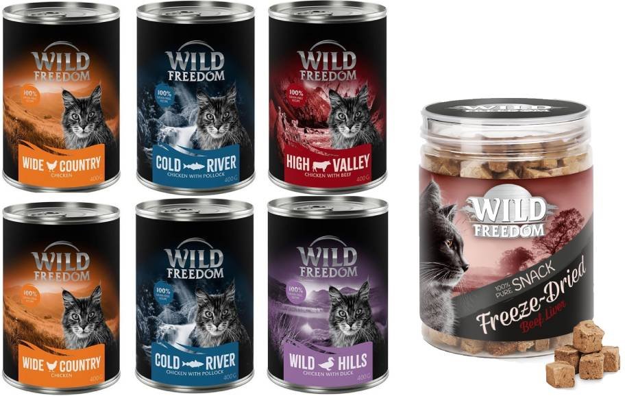Wild Freedom Kombi-Paket: 24 x 400 g Adult Nassfutter + 3 x 45 g RAW - Mixpaket 2 (Huhn, Seelachs, Rind, Ente) + Hühnerh...