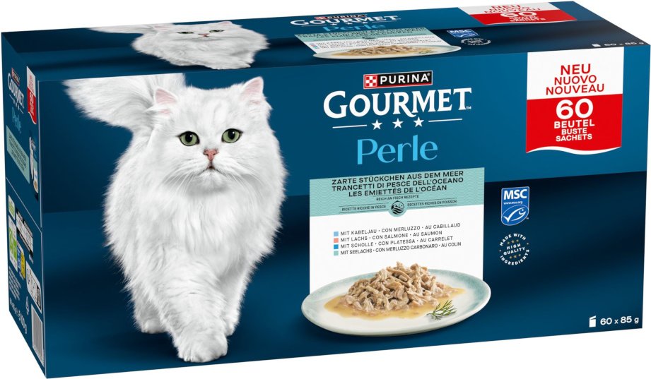 Mixpaket Gourmet Perle 60 x 85 g - Zarte Stückchen aus dem Meer in Sauce (4 Sorten)