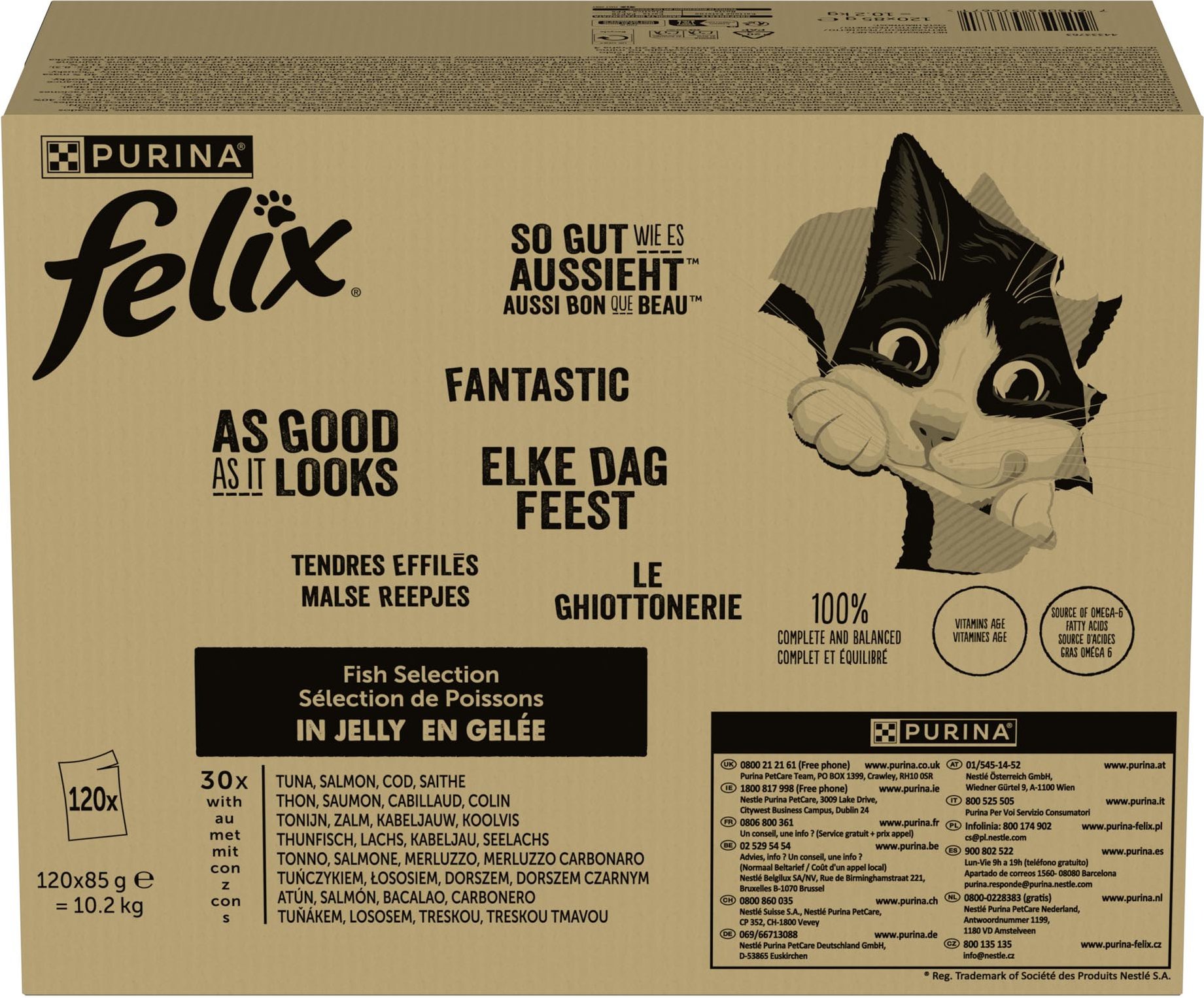 Jumbopack Felix "So gut wie es aussieht" Gelee 120 x 85 g - Gemischte Vielfalt (Rind, Huhn, Kabeljau und Thunfisch)