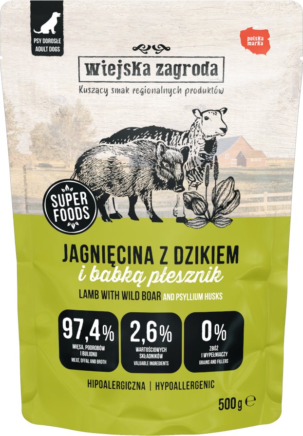 Sparpaket Wiejska Zagroda Dog Pouches 2 x 500 g - Lamm mit Wildschwein
