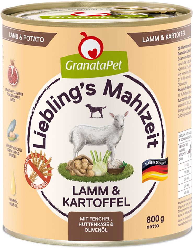 Sparpaket GranataPet Liebling's Mahlzeit 12 x 800 g - Lamm & Kartoffel mit Fenchel, Hüttenkäse und Olivenöl