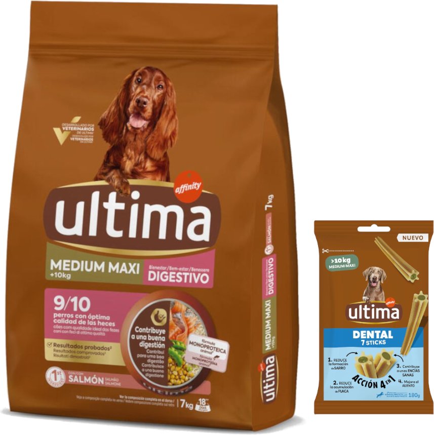 Ultima Hundefutter + 180 g Dental Sticks Medium / Maxi gratis! - Medium / Maxi Digestive Well-Being Lachs 7 kg