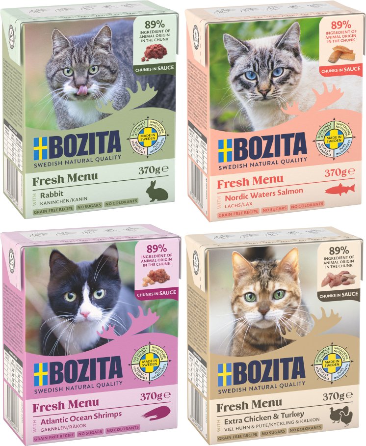 Kombi-Paket: Bozita Megapack Tetra Häppchen 48 x 370 g - Megapack 2 in Soße: Hühnchen & Pute, Kaninchen, Lachs, Garnelen