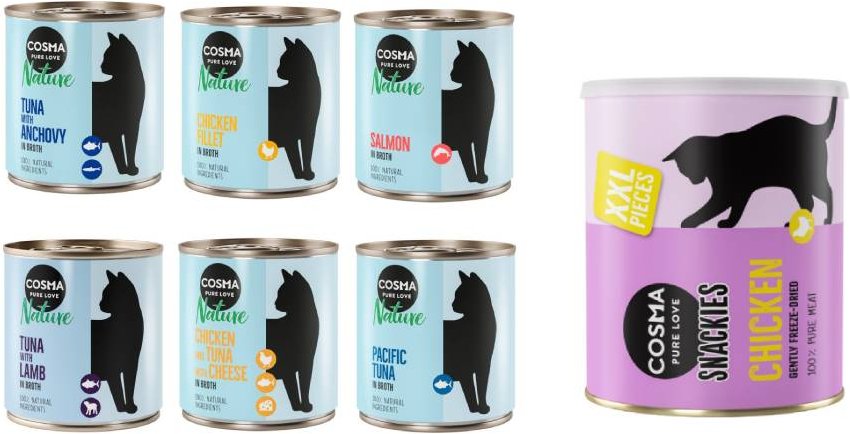 Cosma Kombi-Paket: 24 x 280 g Nature + 2 x 200 g Maxi Snackie XXL - Mixpaket 2 (6 Sorten) + Hühnchen