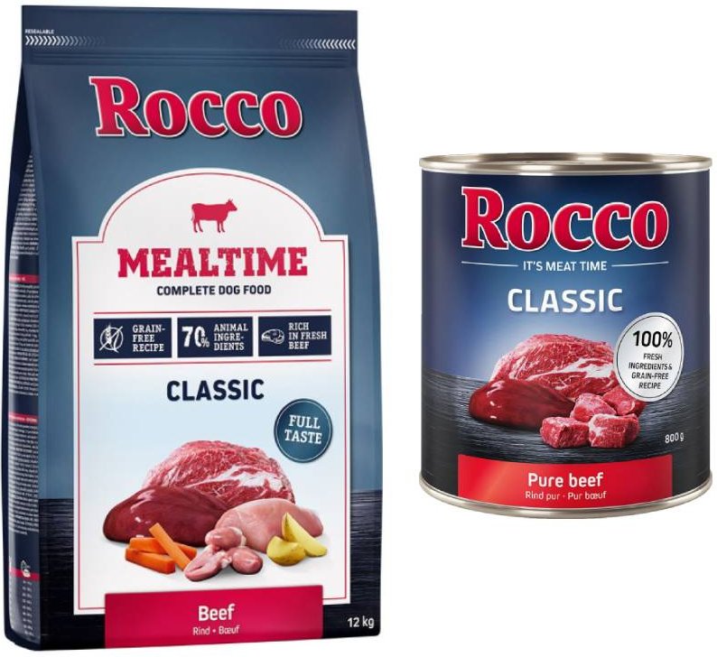 Rocco Kombi-Paket: Mealtime Trockenfutter + Classic Nassfutter - 12 kg Rind + 24 x 800 g Rind pur