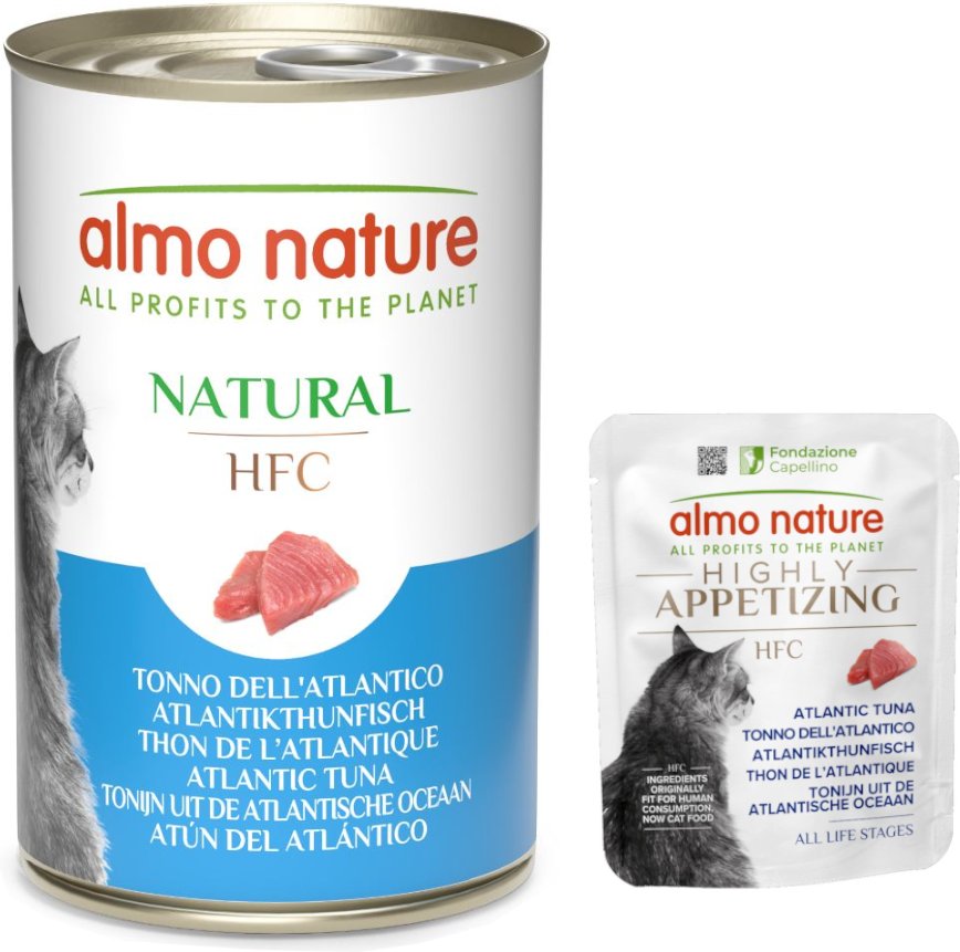 Thumbnail - 6 x 140 g Almo Nature HFC Natural + 6 x 50 g Nassfutter zum Sonderpreis! - Atlantikthunfisch + Highly Appetizing Atlanti...