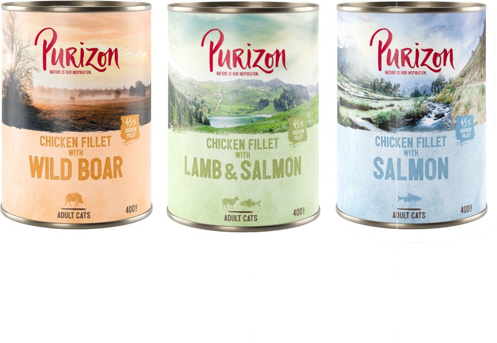 Thumbnail - Purizon Adult 6 x 400 g - getreidefrei - Mixpaket (2 x Wildschwein, 2 x Lachs, 2 x Lamm)