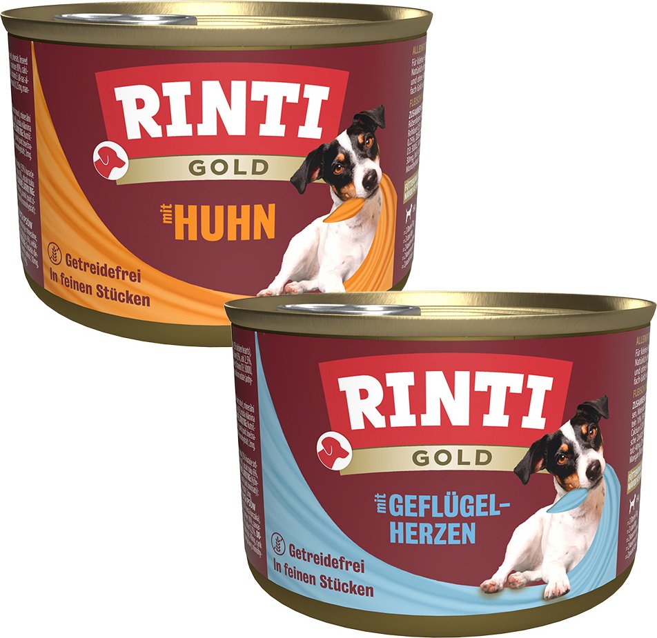 Sparpaket RINTI Gold 24 x 185 g - Mixpaket: Geflügelherzen, Huhnstückchen