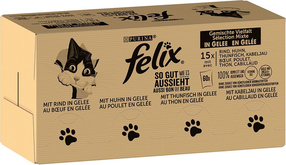 Jumbopack Felix "So gut wie es aussieht" Gelee 120 x 85 g - Gemischte Vielfalt (Rind, Huhn, Kabeljau und Thunfisch)