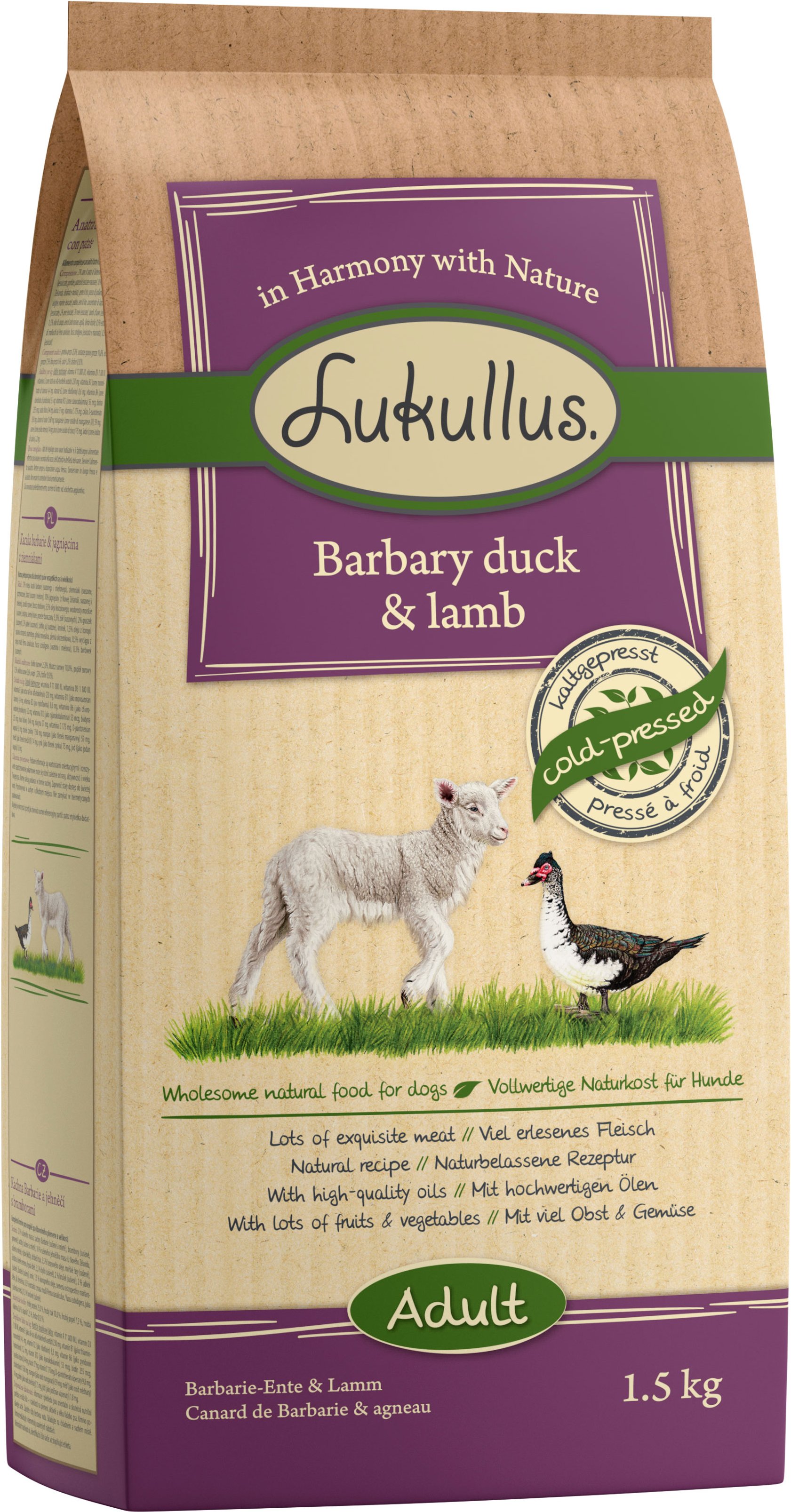Lukullus Kaltgepresst Barbarie-Ente & Lamm - Sparpaket: 4 x 1,5 kg