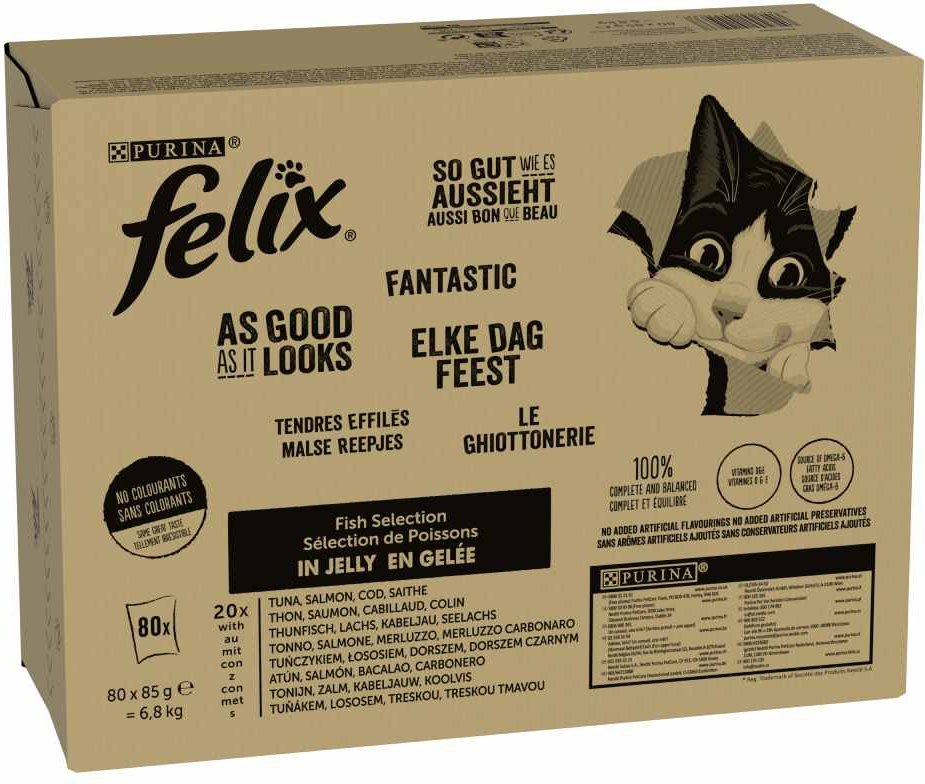 Megapack Felix "So gut wie es aussieht" Pouches 80 x 85 g - Fisch Mixpaket 1 (Thunfisch, Lachs, Kabeljau, Seelachs)