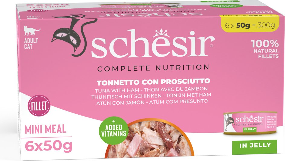 Schesir Complete Nutrition Filet in Gelee 6 x 50 g in Dosen - Thunfisch mit Schinken